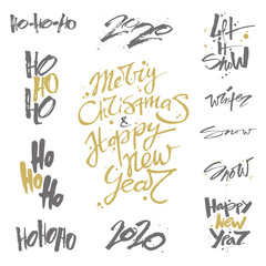 Merry Christmas and Happy New Year lettering 2020 snow ho ho ho calligraphy greeting card vector