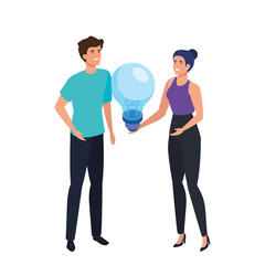 young couple with light bulb isolated icon vector illustration design