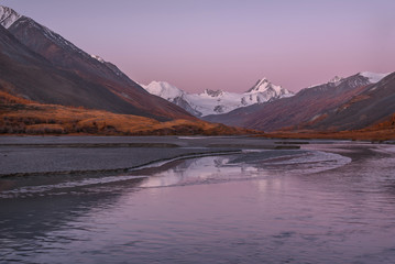 mountains dawn river glacier snow autumn reflection