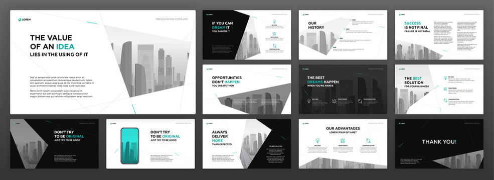 Modern powerpoint presentation templates pack for business and construction with cityscape vector illustration on background. Brochure design, annual report, social media banner, leaflet.