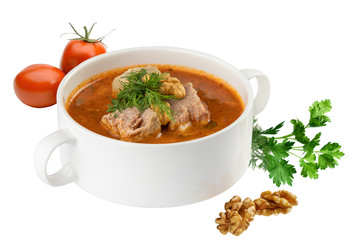 bowl of beet root soup borsch isolated on white background