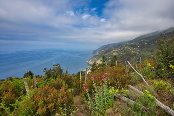 Fototapeta na wymiar Cinque Terre hiking Liguria Italy for centuries were the only link between one country and another and between these and the hinterland.Today the network that extends for over 120 km