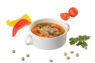 Vietnamese Noodle Soup with rib and Vegetables isolated on white background