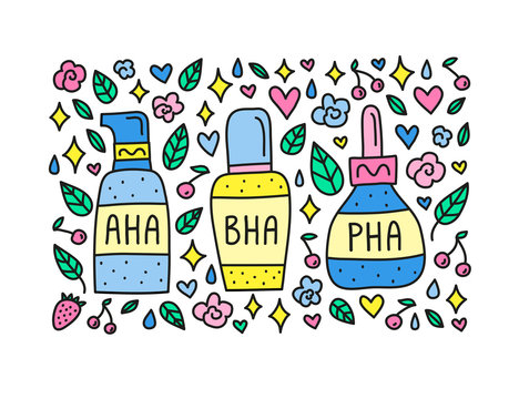 Doodle aha, bha, pha in cosmetic bottles and decorative elements around isolated on white background.