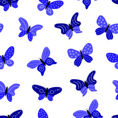 Obraz na płótnie Canvas Seamless pattern with blue decorative doodle butterflies and geometric design on wings.