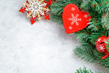 Fototapeta na wymiar Christmas background, branch, red, heart, angel, place for text