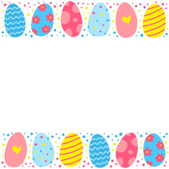 Poster with cute doodle colorful Easter eggs and space for text on white background.