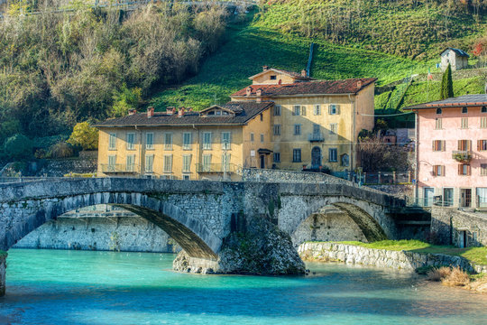 The San Nicola or old bridge dating back to 1430 in San Pellegrino Terme