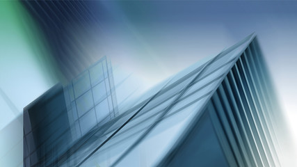 Abstract business modern city urban futuristic architecture background, motion blur, reflection in glass of high rise skyscraper facade, toned blue picture with bokeh. Real estate concept