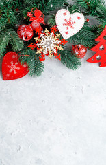 Fototapeta na wymiar Christmas background, branch, red, heart, angel, place for text