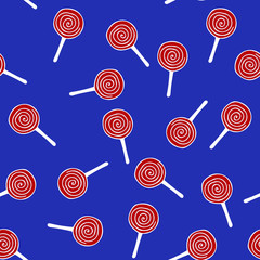 Red and white swirl lollipop seamless pattern . illustration for birthday, new year, Christmas greeting card, invitation on blue background.
