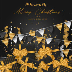 Christmas banner or poster background. Xmas celebration black luxury design. Winter holiday concept swith confetti and bunting flags. Realistic vector illustration.