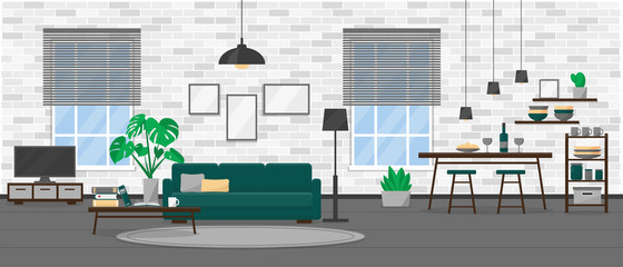Living room interior design in modern loft style. Apartment with windows and furniture. Flat vector illustration. © Елена Истомина