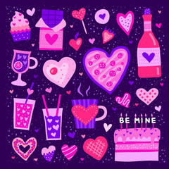 Set of colorful doodle heart shaped and cute food icons isolated on purple background. Perfect for Valentine's day design.