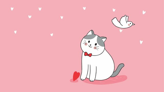 Motion Cartoon cute Valentine's day. Bird flying give heart for cat stop motion animation.