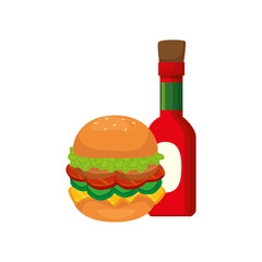 delicious hamburger with bottle sauce isolated icon vector illustration design