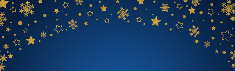 Blue Christmas banner with golden glittering golden snowflakes and stars. Merry Christmas and Happy New Year greeting banner.