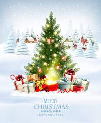 Fototapeta Merry Christmas and New Year holiday background with presents, christmas tree and and winter village. Vector. obraz