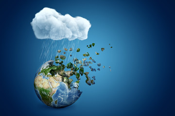 3d rendering of white rainy cloud above earth globe shattering into pieces on blue background