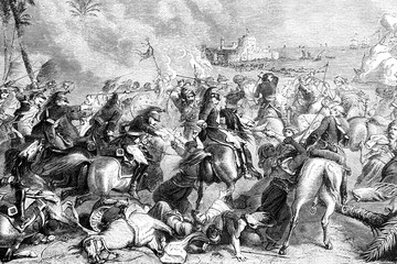 Battle of Abukir, Egypt. French campaign, 25th July 1799. French victory. Antique illustration. 1890.