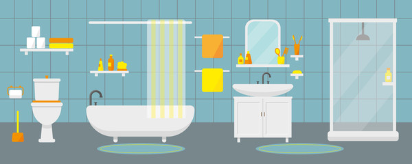 Fototapeta na wymiar Bathroom interior with furniture and plumbing. Vector illustration.