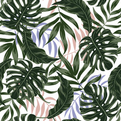 Summer seamless pattern with tropical leaves and plants on a light background. Trendy hand drawn textures. Floral seamless vector tropical pattern background with exotic leaves, jungle leaf.
