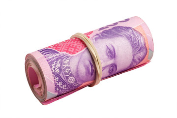 Ukrainian national currency, bundle banknotes value of 200 hryvnia UAH. Closeup view, isolated