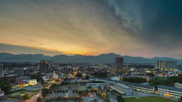 Time Lapse Of Ipoh Skyline During Sunset Overlooking Cityscape.4KUHD.