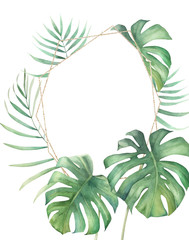 Jungle summer print. Watercolor tropical wreath with palm leaves on white background. Hand drawn illustration