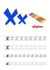 Design page layout of the English alphabet to teach writing upper and lower case letter X with funny cartoon Xylophone. Flat style. Vector illustration