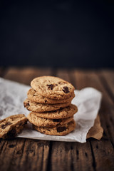Chocolate chip cookies, Sweet biscuits, Concept for a tasty snack.