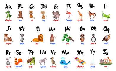 Cute cartoon animals alphabet for children education. Vector illustrations
