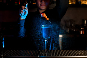 Female bartender spraying on the cocktail in the glass with fallen berries and flower on the skewer with a bitter