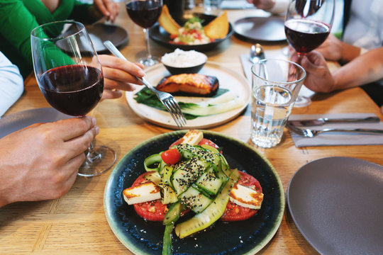 Good food and tasty red wine in a restaurant