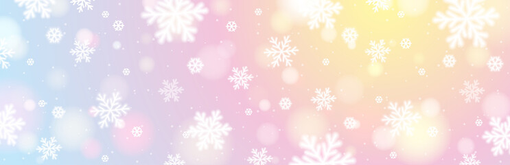 Fototapeta na wymiar Pink christmas banner with white blurred snowflakes. Merry Christmas and Happy New Year greeting banner. Horizontal new year background, headers, posters, cards, website. Vector illustration