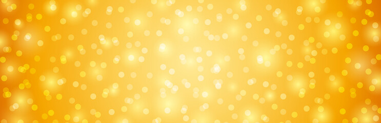 Golden background with circles bokeh.  Merry Christmas and Happy New Year greeting banner. Horizontal holiday background, headers, posters, cards, website.Vector illustration