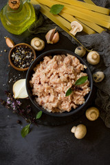 Fresh minced meat and ingredients for cooking - mushrooms, pasta, spices and eggs on a dark stone countertop. Top view on a flat background lay. Copy space.