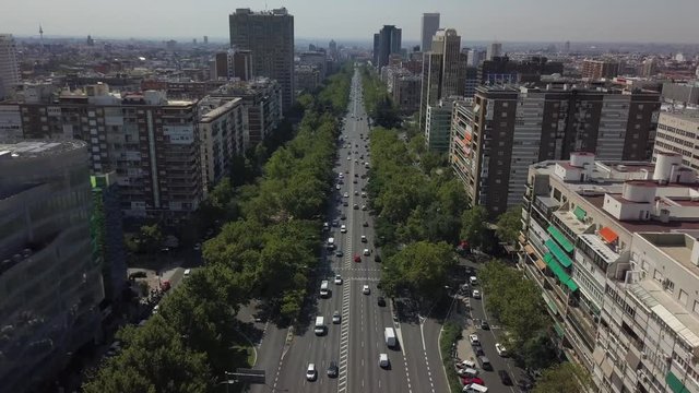 Aerial shot of the Castellana street in Madrid with a lot of traffic.