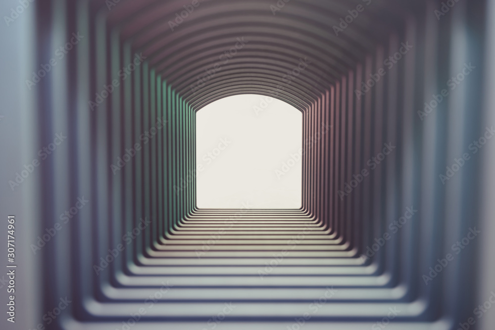 Poster beautiful abstract gray tunnel with color light on a white shine in the end background.