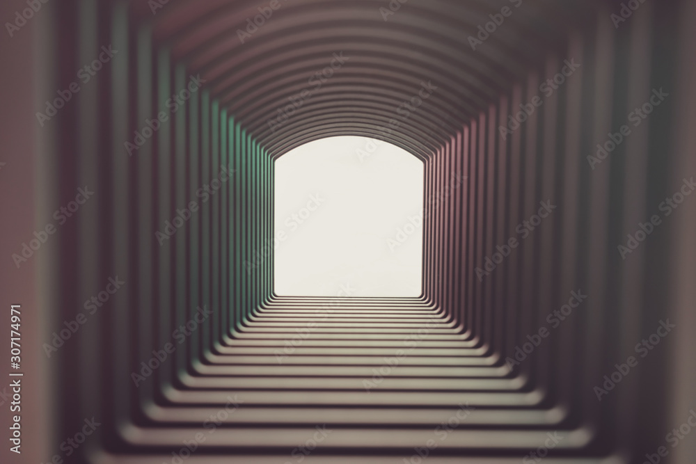Poster beautiful abstract gray tunnel with color light on a white shine in the end background.