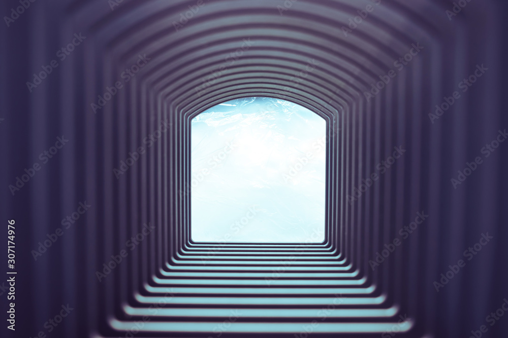 Poster Beautiful abstract gray tunnel with color light on a white shine in the end background.