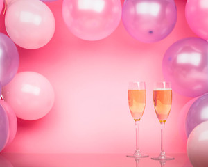 Two glasses of champagne on a pink background with pink and purple balloons. Bright background for celebration.
