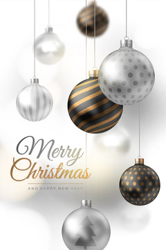 Merry Christmas and Happy New Year. Festive composition of silver and gold Xmas balls. Season winter. Vector holiday background for postcard, invitation, website.
