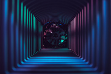 Beautiful abstract gray tunnel with color light on a motor blade in the end background.