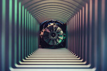 Beautiful abstract gray tunnel with color light on a motor blade in the end background.