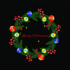 Round composition with christmas tree and toys on a black background. Merry Christmas.