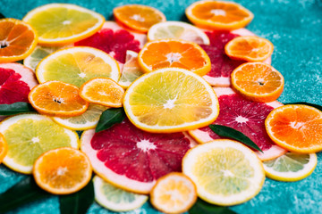 Slices of mandarin, orange, grapefruit and lemon very close-up, macro