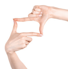 Female caucasian hands  isolated white background showing  gesture frame, crop. woman hands showing different gestures