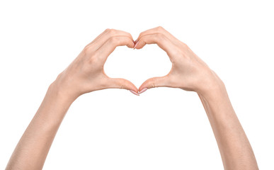 Female caucasian hands  isolated white background showing  gesture heart, love. woman hands showing different gestures
