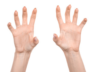 Female caucasian hands  isolated white background showing  gesture shows claws and nails. woman hands showing different gestures